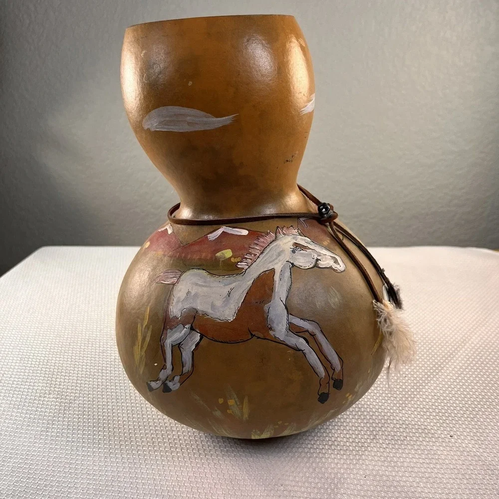 Hand Painted Horse Heads Gourd Art Pot Vase, Signed 10